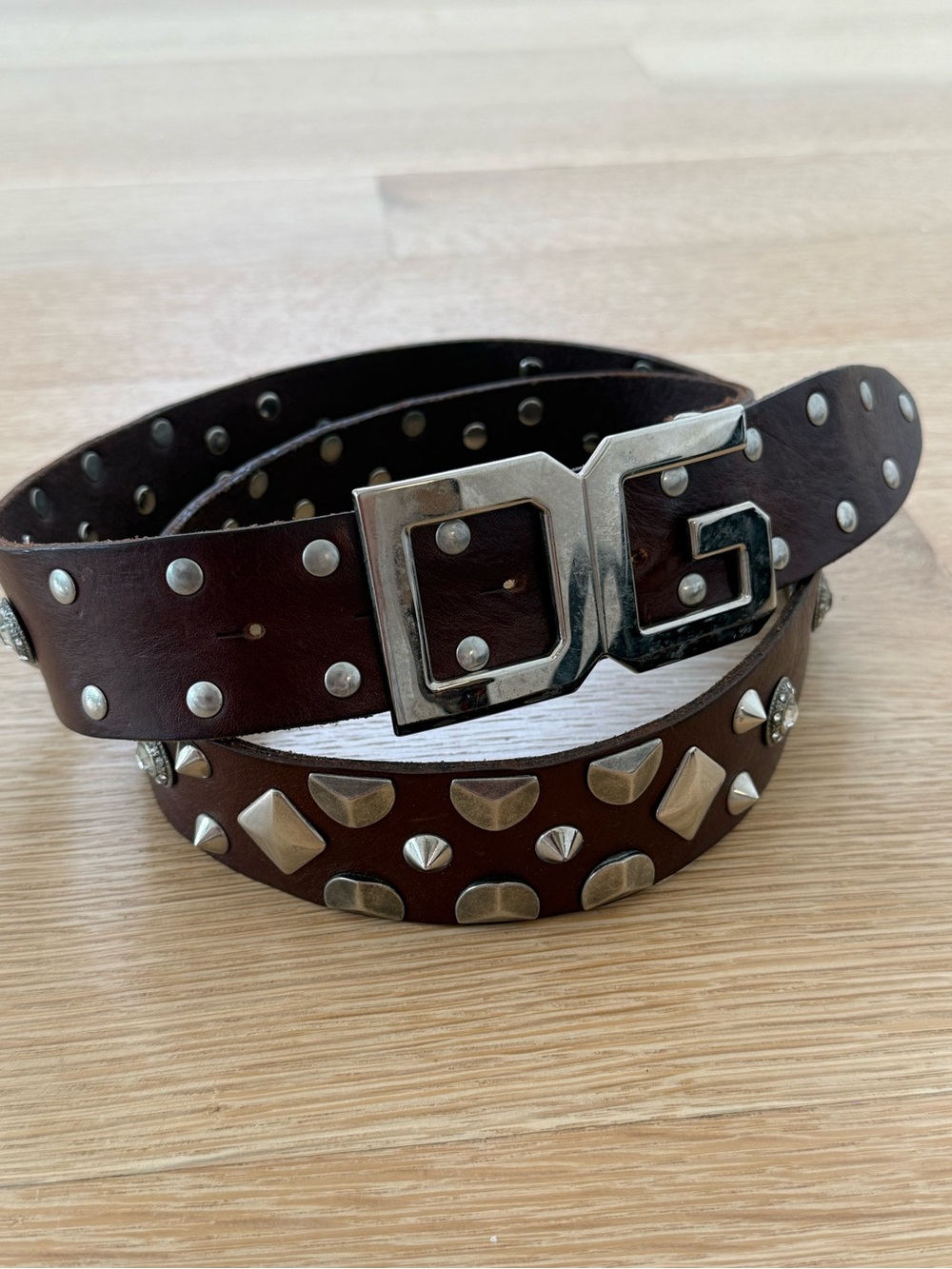 Authentic Dolce & Gabbana Studded Brown Leather Men’s Belt - DG Silver Buckle